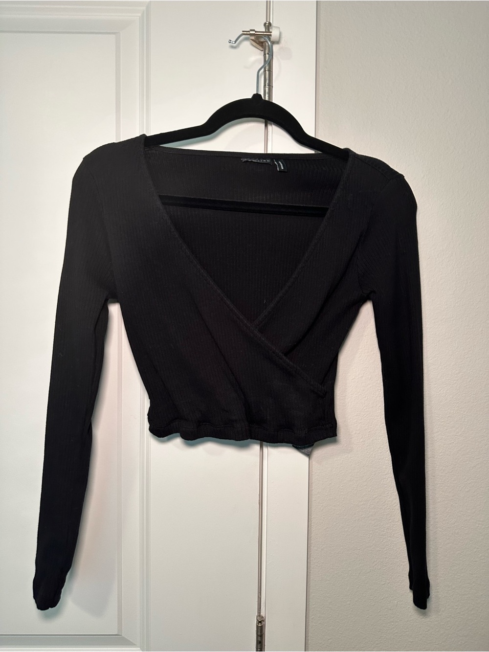 ASOS Black Ribbed Wrap-Front Long Sleeve Crop Top